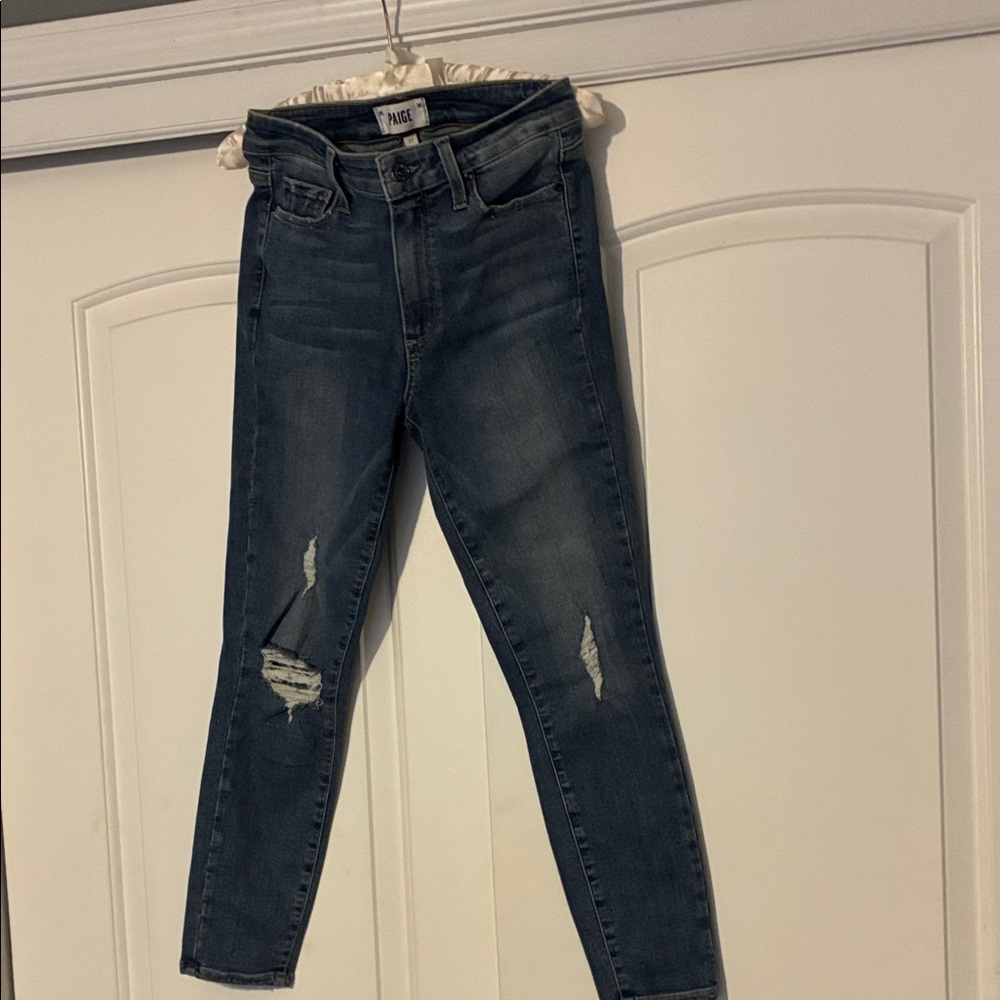 PAIGE Women's Dark Blue Ripped Skinny Jeans